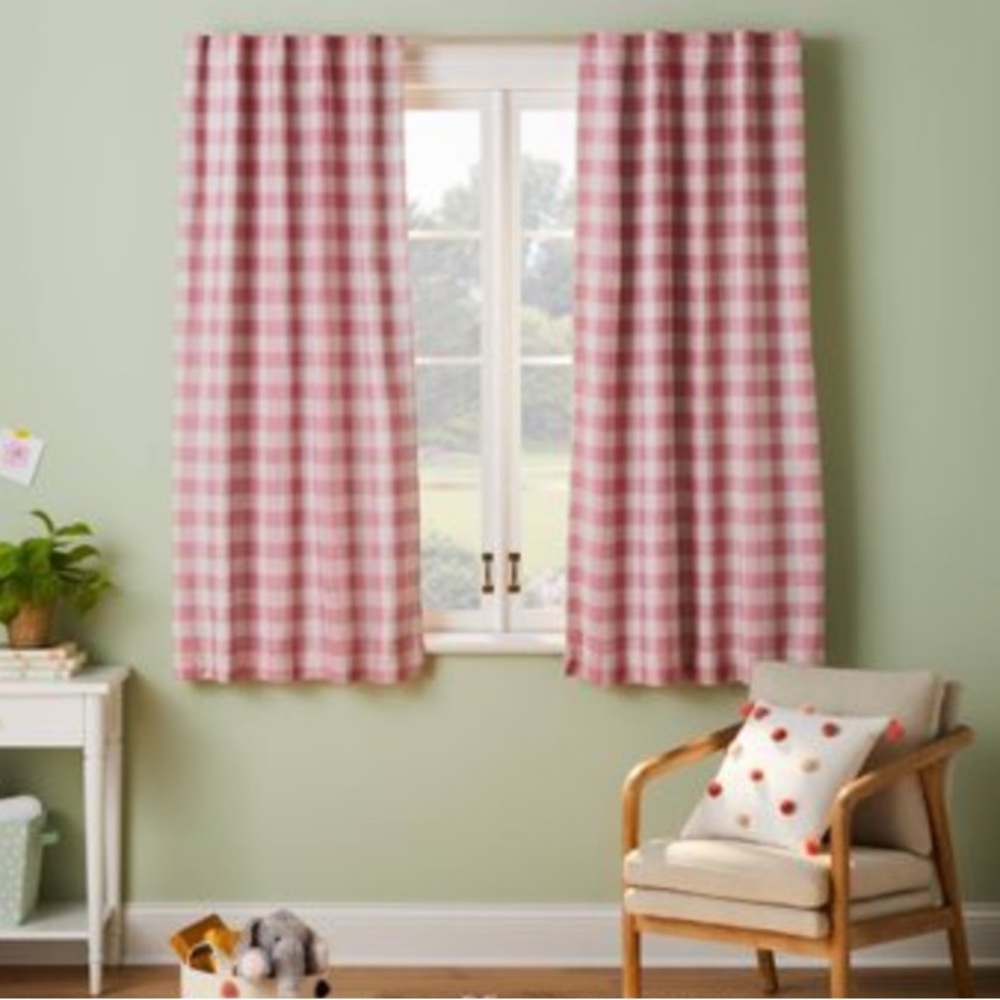 Pillow fort gingham curtains pastel check pink and mint and off white